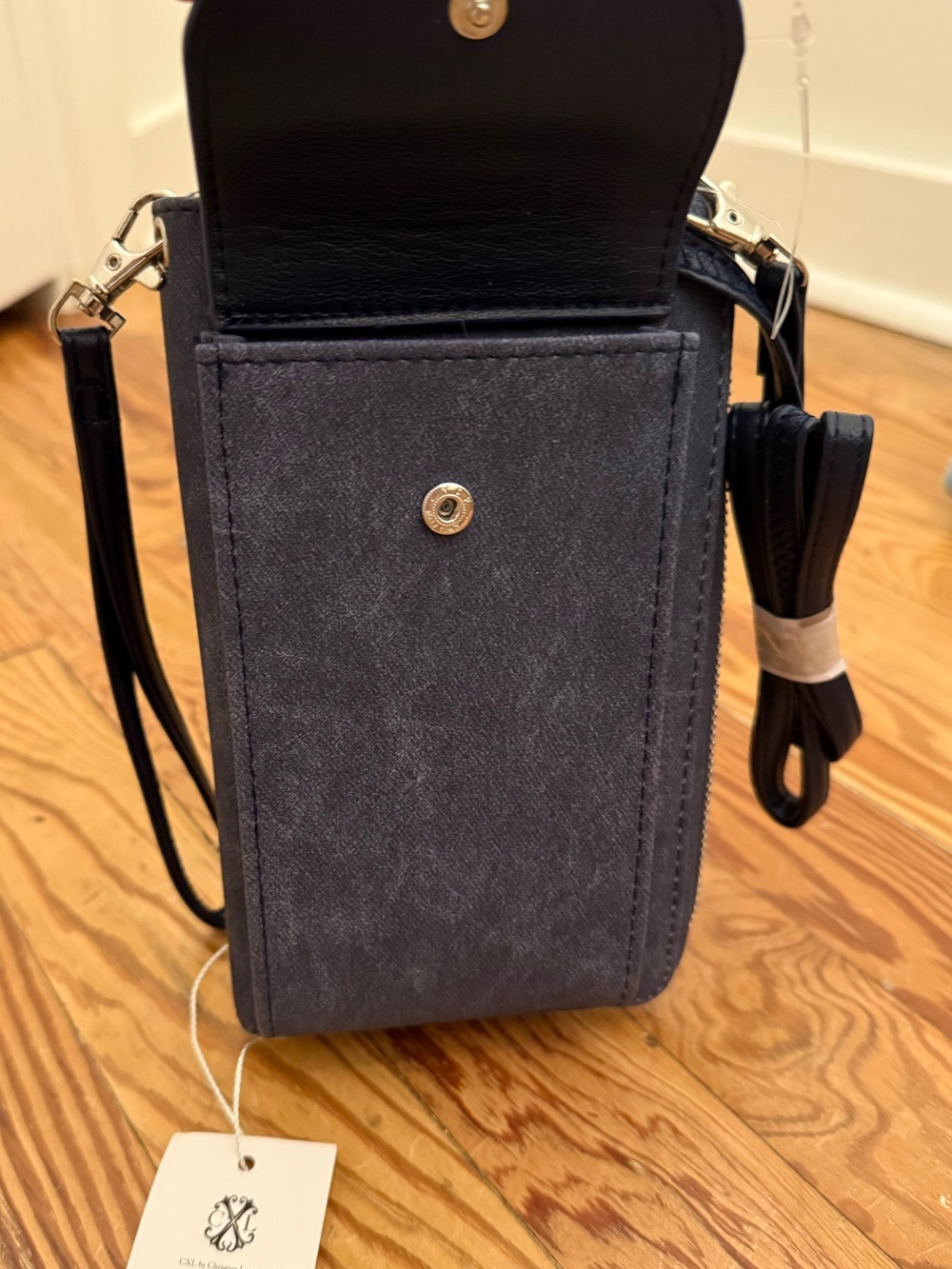 Christian Lacroix Blue Gray Leather & Fabric Crossbody Phone Pouch - Picture 6 of 7